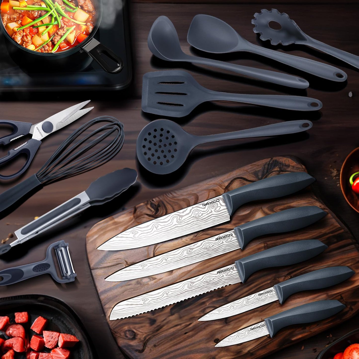 RAXCO Kitchen Utensils Set,18-Piece Cooking Tools and Sharp Knives,Stainless Steel Holder and Cutting Board