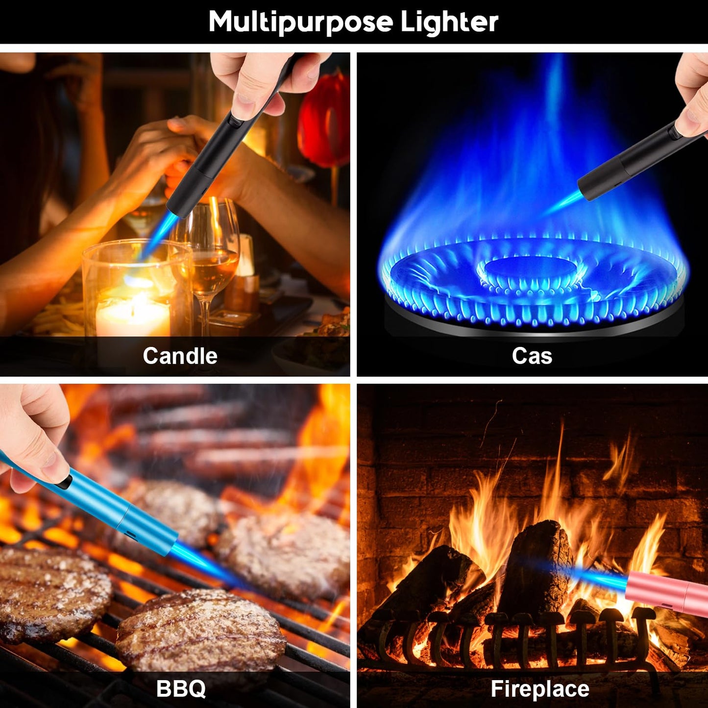 LcFun Torch Lighters 2 Pack Refillable Butane Lighter, Butane NOT Included, Windproof Adjustable Jet Flame Long Lighters for Candle, Grill, BBQ, Camping