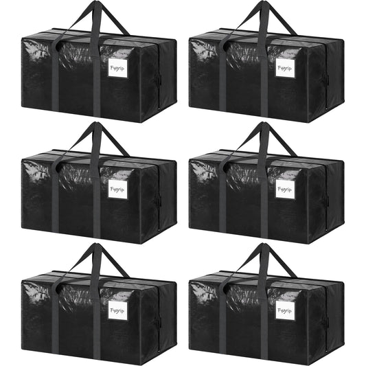 6 Pack Extra Heavy Duty Large Moving Bags with Strong Zipper & Comfortable Handles, Sturdy & Durable Clothes Storage Bags Totes Bins, Packing Moving Boxes for College Supplies, Black