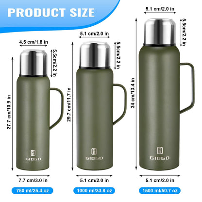 Insulated Vacuum Thermo Bottle 750ml/25.4oz with Cup Stainless Steel Coffee Bottles for Hot and Cold Drink Water Flask.(Green, with Handle, 750ml)