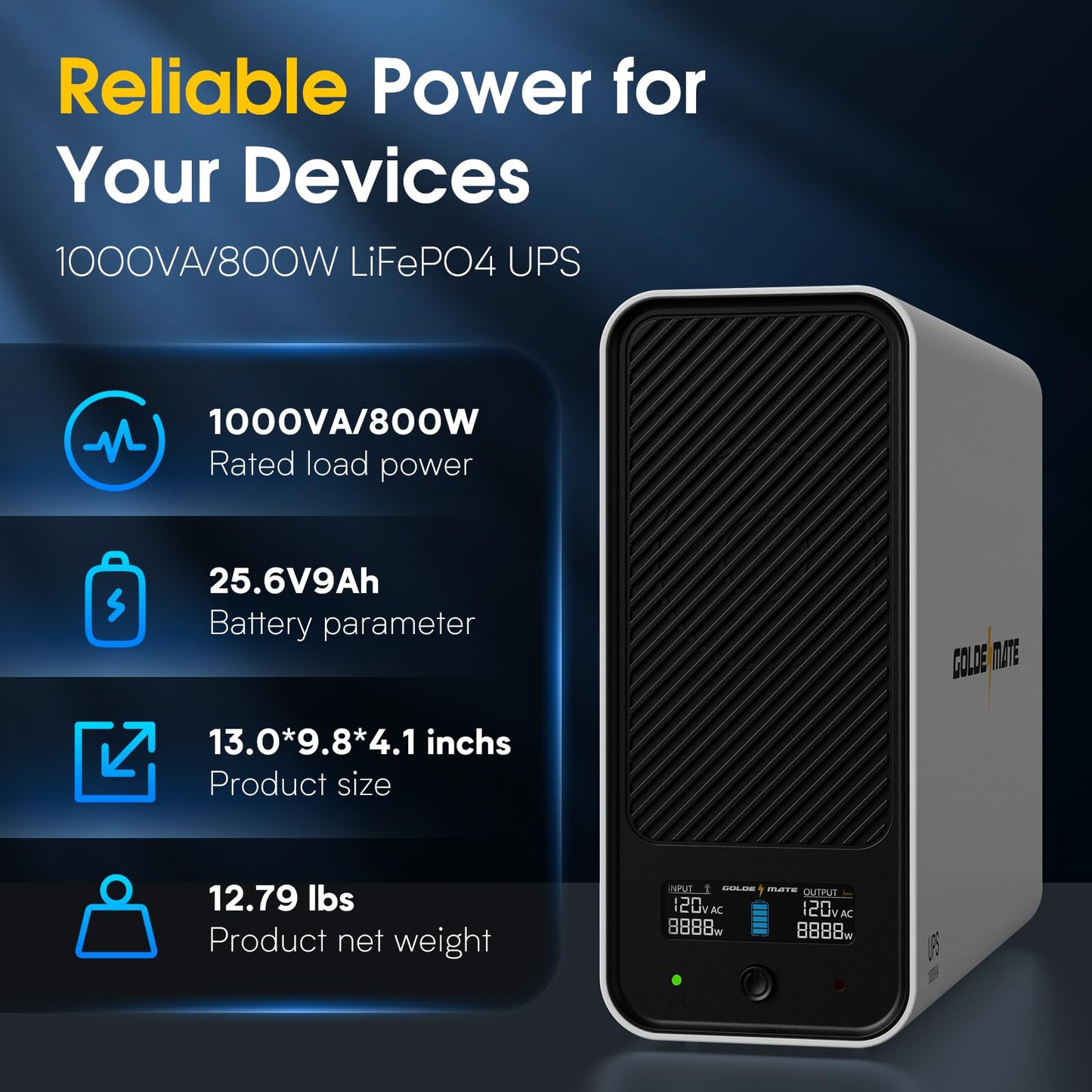 GOLDENMATE 1000VA/800W Lithium UPS Battery Backup and Surge Protector, Backup Battery Power Supply with LiFePO4 Batteries(230.4 Wh), Sinewave UPS System, 10 Years Lifespan, 8 Outlets, LCD Display