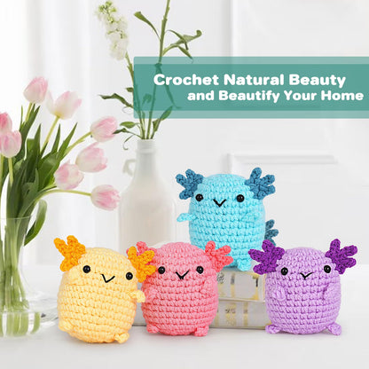 Crochetta Crochet Kit for Beginners, Crochet Starter Kit w Step-by-Step Video Tutorials, Beginner Crochet Kit for Adults Kids Women Men Complete Kit Included (4 Mini Axolotls)