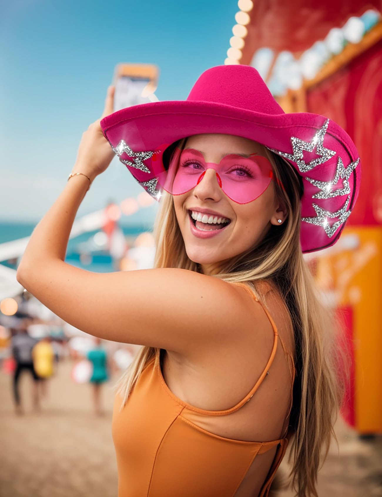 JICASTO Cowboy Hat for Women Men 6 Sparkly Stars Brim & Rhinestone Belt Western Cowgirl Hat with Sunglasses Bandanas (US, Alpha, One Size, Hot Pink)