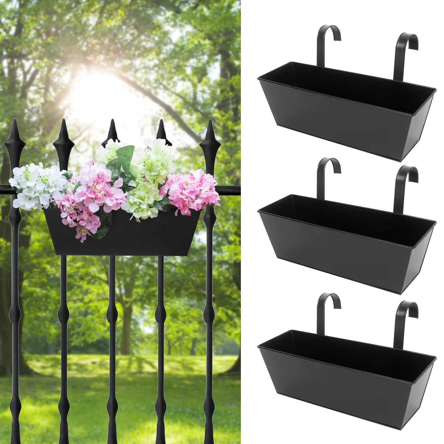 Holensun Railing Planters Outdoor Balcony 16 Inch Deck Over The Railing Planter Boxes Hanging Planters for Fence Flower 3 Pcs (Black)