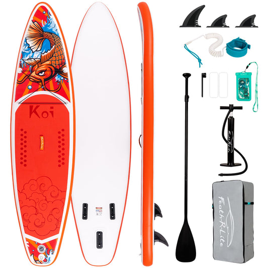FEATH-R-LITE Inflatable Paddle Board Stand Up Paddleboards for Adults SUP with Premium Accessories Pump, Adjustable Paddle, Leash, Three Fins, Backpack (Red Koi)