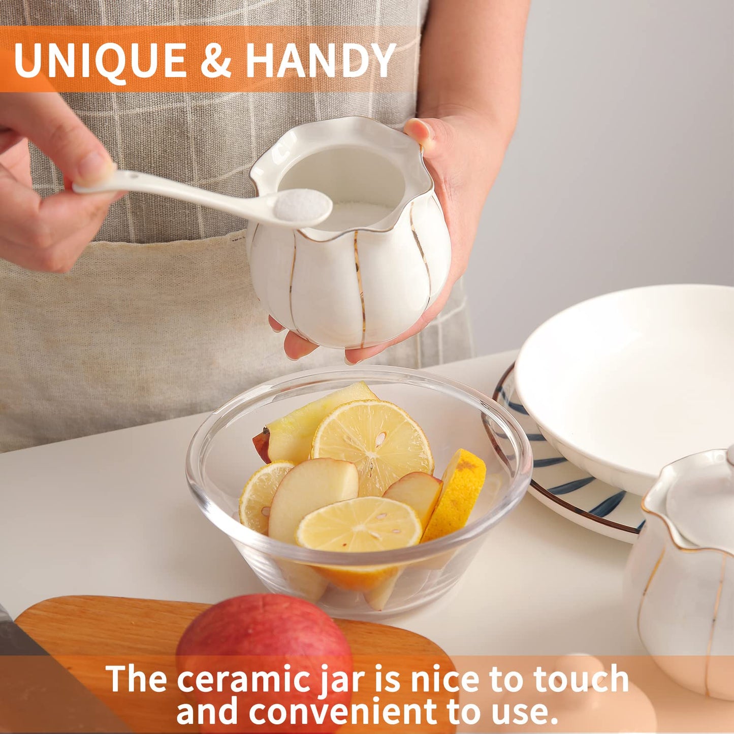 Kitchenexus Porcelain Sugar Bowl with Lid and Spoon 9.17oz/260ml Ceramic Sugar Bowl Sugar Container for Home Kitchen in Golden Edge Pumpkin Design