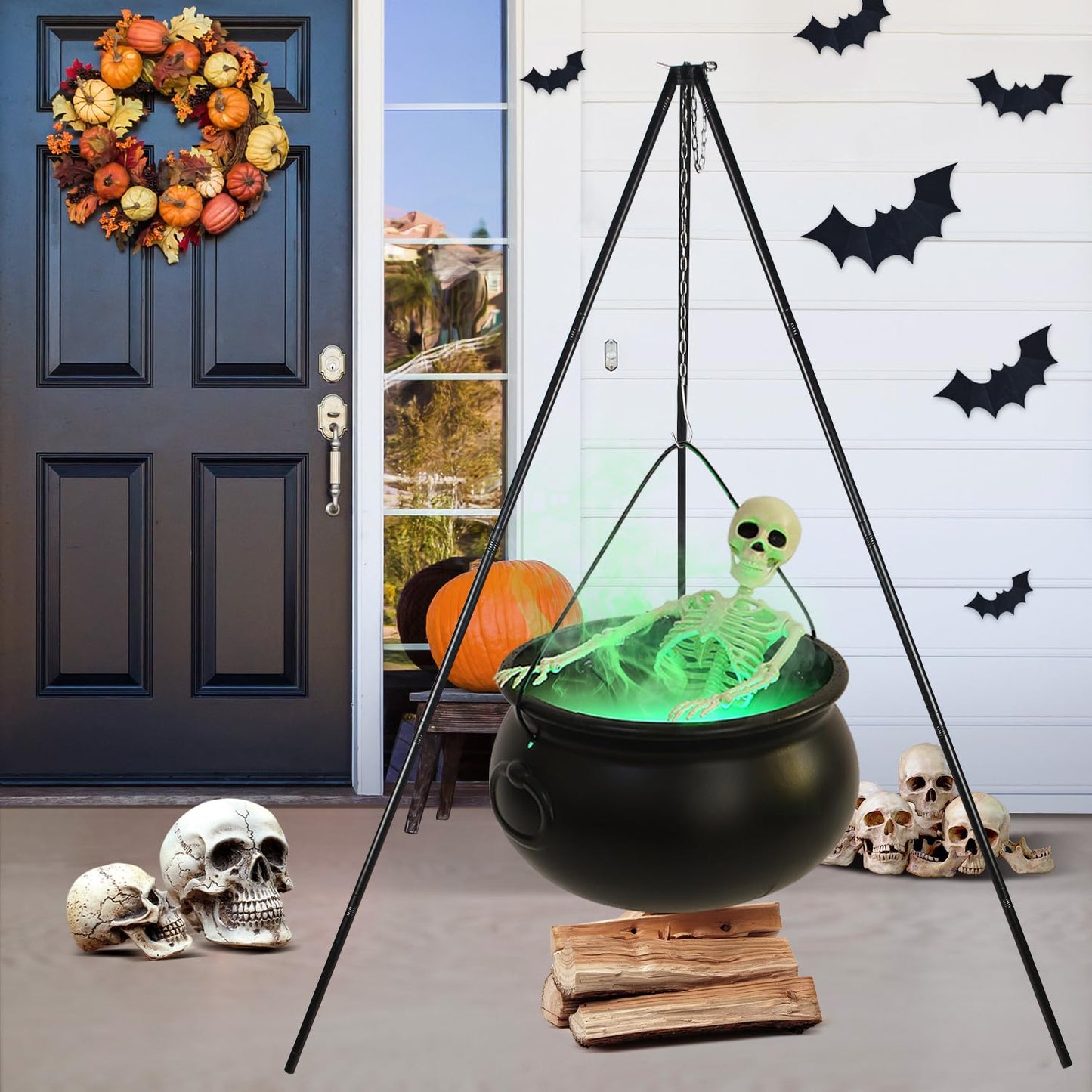 Halloween Decorations Outside - Large Witches Cauldron on Tripod with Skeleton & Fog Maker - Skeleton Halloween Party Decor for Outdoor Yard Home Porch