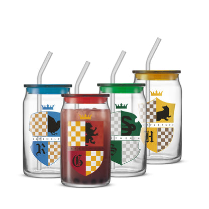 JoyJolt Harry Potter House Crests Glass Tumblers with Lids and Straws, 16oz Glass Cups with Lids and Straws, Can Shaped Drinking Glasses Set of 4, Hogwarts Cup, Harry Potter Merchandise