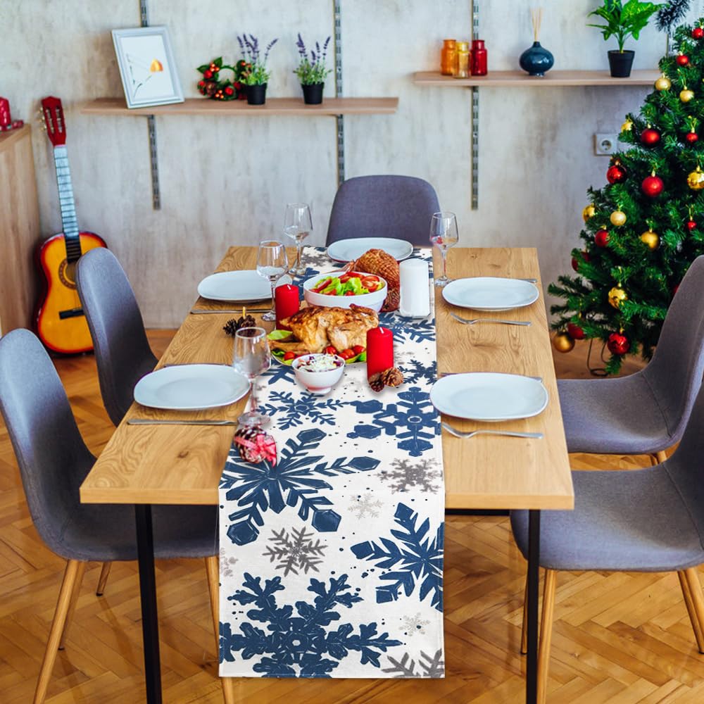 Heirloom Haven Christmas Winter Table Runner, Blue Sliver Snowflakes Tabletop Runners Xmas Seasonal Holiday Table Decorations for Farmhouse Kitchen Dinning Home Indoor Party Decor 13x72in