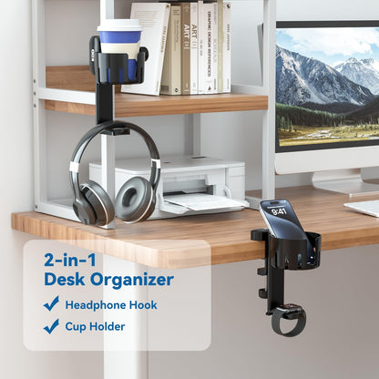 KDD 2 in 1 Headphone Hanger with Desk Cup Holder - Under Desk Clamp Rotatable Headset Holder - Suitable for Coffee Mups, Water Cups, Headphone(Black)