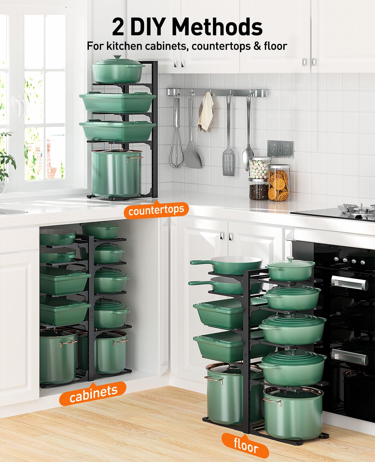 ORDORA Pots and Pans Organizer for Cabinet 16.61'' Height, 8 Tier Pot Organizers Rack with 3 DIY Methods, Adjustable Pan Organizer under Cabinet Kitchen Organization and Storage
