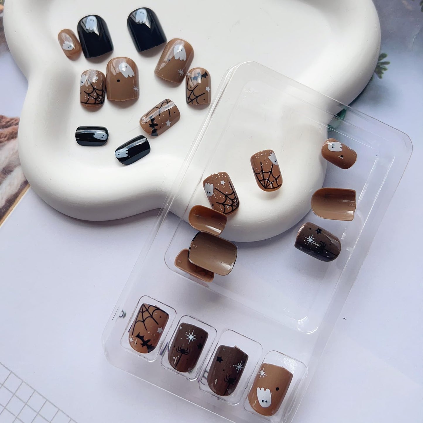 24Pcs Black Halloween Nails - Short Press On, Ghost Spider Web Bat Designs, Full Cover Square False Nails, Glue On For Women