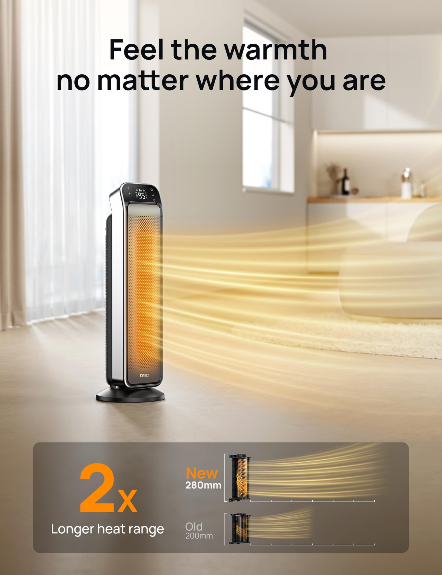 Dreo Space Heater Indoor, 25" 11.5ft/s Fast Portable Room Heater with Remote and Thermostat, 3 Modes, Overheating & Tip-Over Protection, Electric Heaters for Indoor Use Large Room, Bedroom, Silver