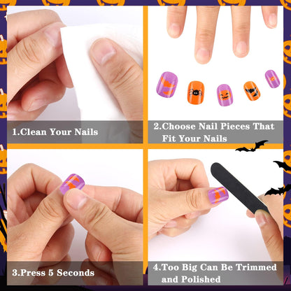 JANYUN 96 Pcs Kids False Nail Full Cover Short Fake Nails Children Nail Tips for Kids Little Girls Lovely Gift Nail Art Decoration (Halloween Theme)