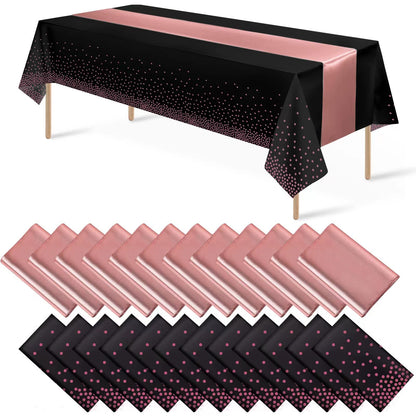 24Pack Disposable Plastic Tablecloth and Satin Table Runner Black and Rose Gold Dot Tablecloth Rose Gold Satin Table Runner for Wedding Birthday Baby Shower Anniversary Christmas New Year Party Supply