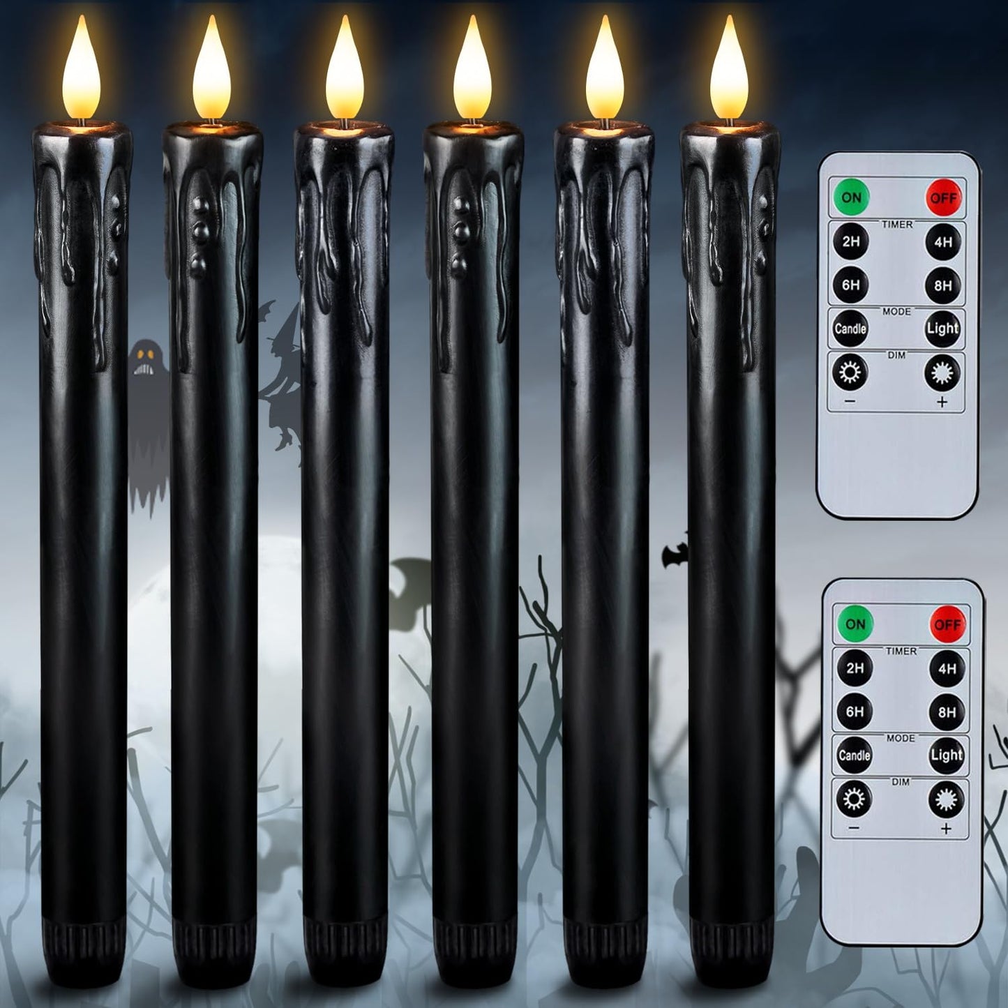 Homemory Black Flameless Taper Candles with Remote and Timer, Real Wax LED Taper Candles Battery Operated, Flickering Candle Sticks for Party Halloween Indoor Decoration, 6 Pcs, 9.6 inches