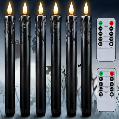 Homemory Black Flameless Taper Candles with Remote and Timer, Real Wax LED Taper Candles Battery Operated, Flickering Candle Sticks for Party Halloween Indoor Decoration, 6 Pcs, 9.6 inches