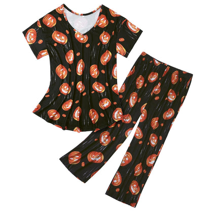 Halloween Pajamas for Women Set Orange Pajama Pumpkin Lounge Set White Pj Set Cotton Soft Sleepwear Tops with Capri Pants Black Pumpkin 3XL
