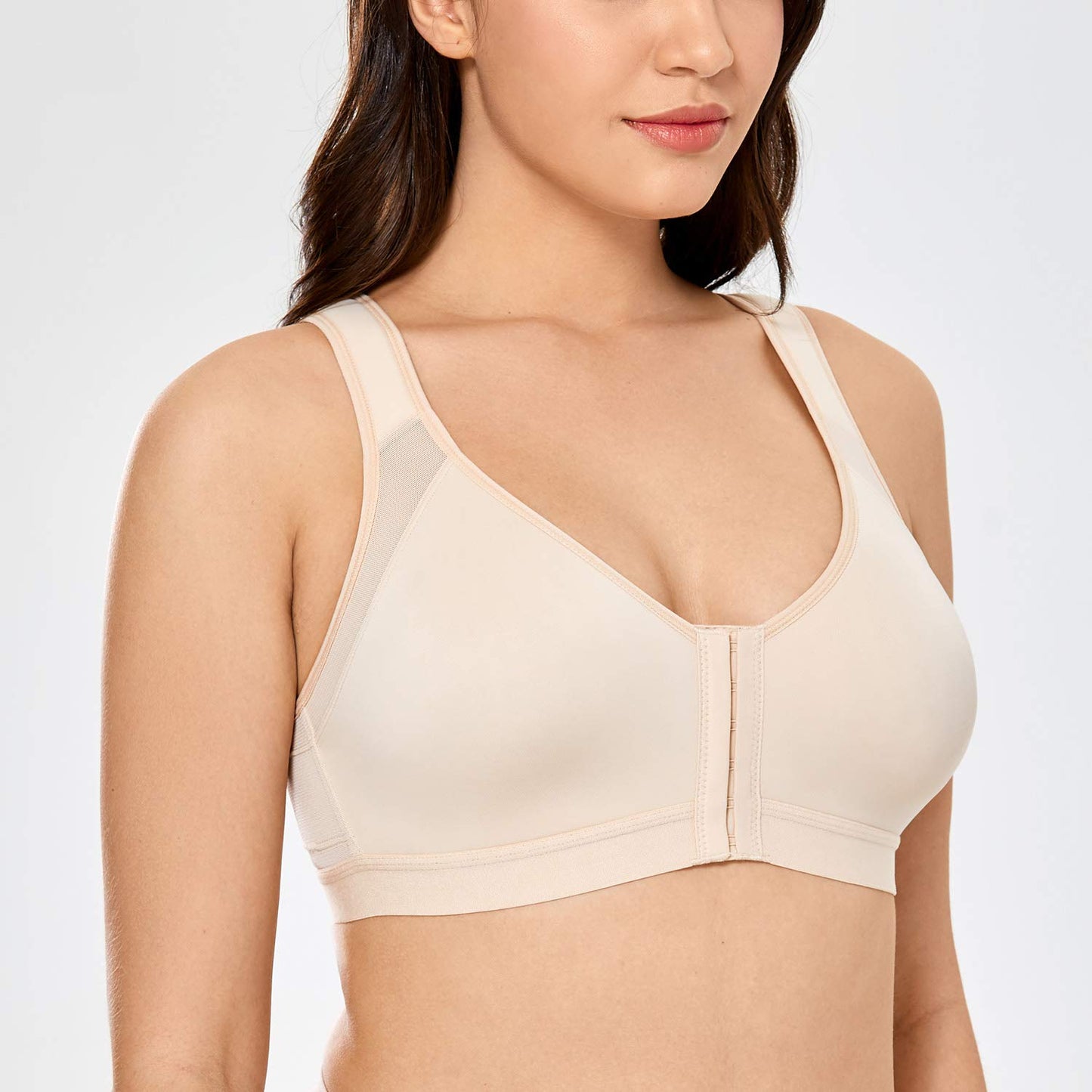 DELIMIRA Women's Full Coverage Front Closure Wire Free Back Support Posture Bra Taupe Tan 36D