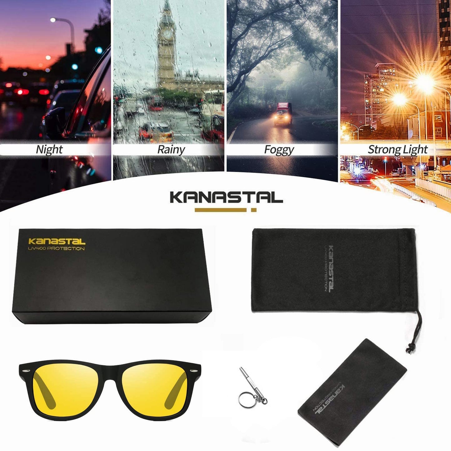 KANASTAL Night Vision Glasses Men Women Fashion Square Nighttime Driving Glass Anti Glare Non-polarized Yellow Lens Classic Trendy Accessories