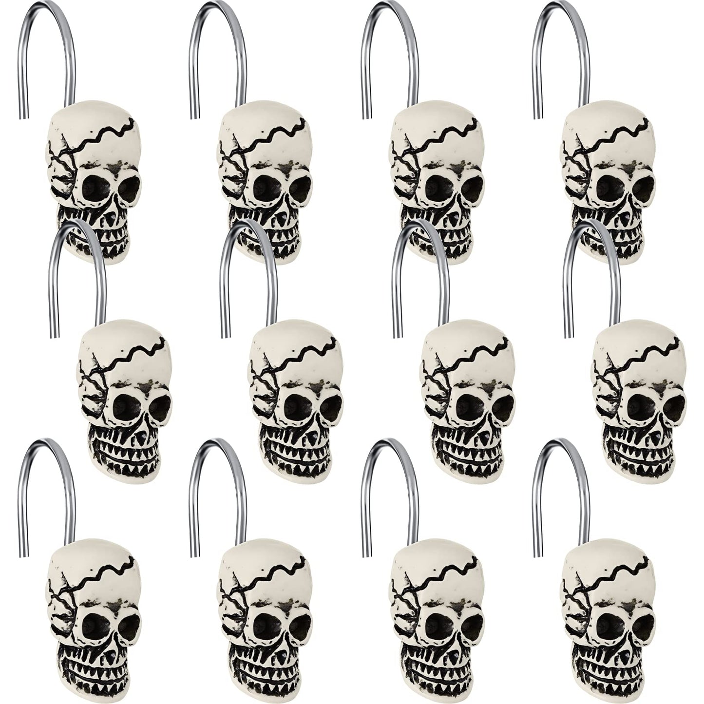 Jetec 12 Pcs Skull Shower Curtain Hooks Halloween Shower Rings Decorative Skeleton Curtain Hook Rings Stainless Steel Bathroom Hooks with Skull Decor for Home Halloween (Spooky Style)