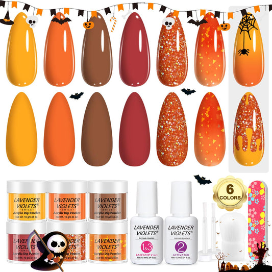 Lavender Violets 12Pcs Halloween Dip Powder Nail Kit Starter - 6 Colors Yellow Orange Color Changing Dipping Powder Liquid Set with Base & Top Coat Activator for Nail Art Manicure M206