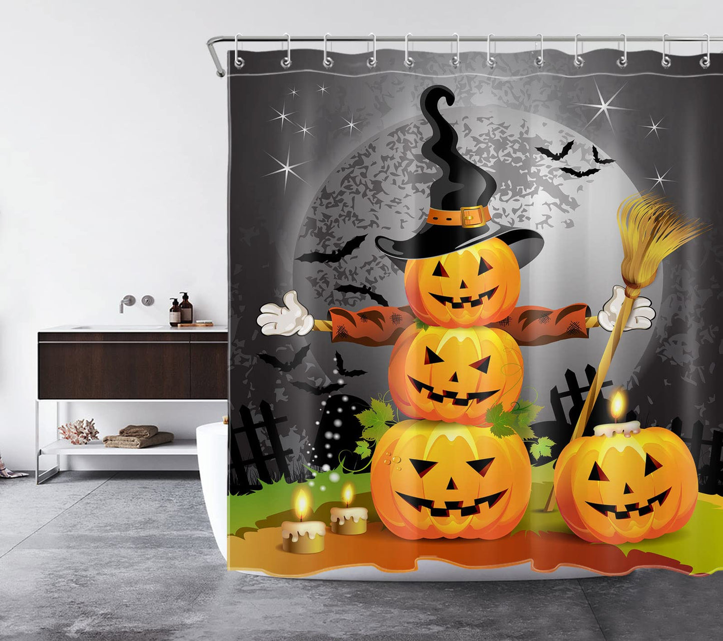 LB Halloween Pumpkins Shower Curtain Set Magic Hat Ghost Broom Bathroom Curtain Party Decor,Bath Curtain Hooks Include,72x72 inch Waterproof Polyester Fabric