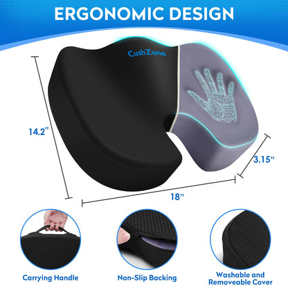 Ergonomic Memory Foam Seat Cushion with Non-Slip Base - Office Chair, Car, Airplane, Wheelchair & Bleacher Support - Pressure Relief for Back, Tailbone & Sciatica (Black)
