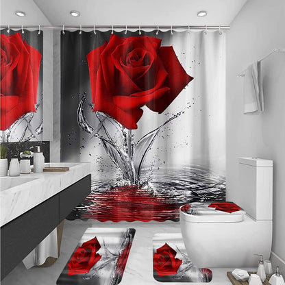 4Pcs Red Rose Shower Curtain Sets, Romantic Water Red Rose Bathroom Sets with Shower Curtain and Rugs Toilet Lid Cover Bath Mat, Waterproof Fabric Rose Gift Halloween Shower Curtains with Hooks