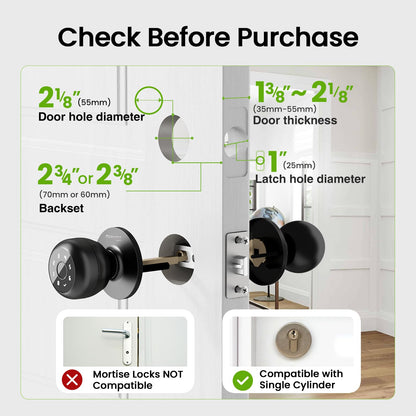 GHome Smart 4-in-1 Smart Door Knob Fingerprint Door Lock with Keypad, Biometric & App Control, Keyless Entry for Room, Garage, Office, Apartment, Local Data Storage