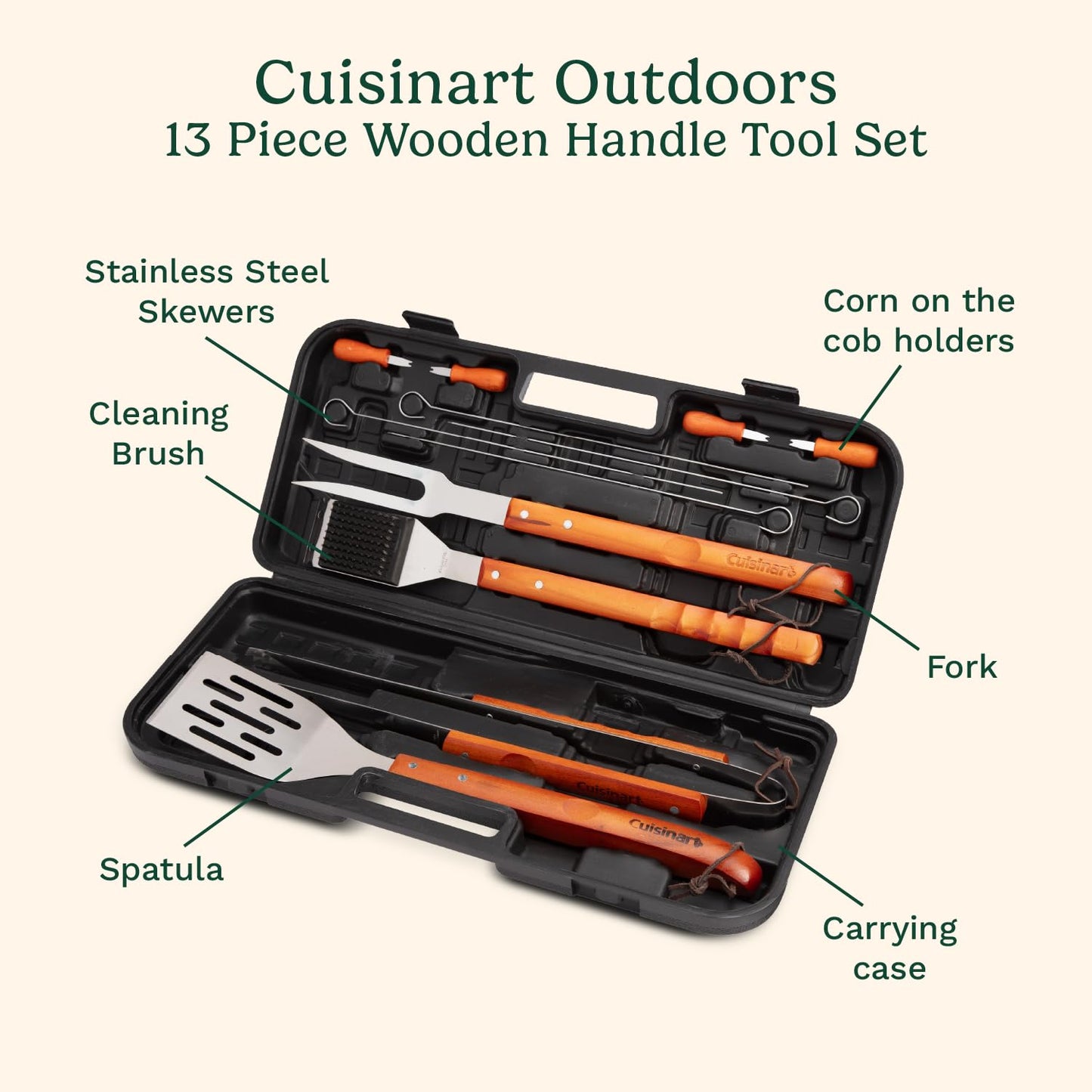 Cuisinart 13-Piece Wooden Grill Tool Set, BBQ Accessories and Grill Tools, Durable Stainless-Steel Utensils with Recycled Plastic Case, Spatula, Tongs, Cleaning Brush & More, Grilling Gifts for Men