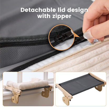 Gardner Pet Cat Window Perch, 2 in 1 Cat Hammock Window Sill Seat with Cushion, Adjustable Cat Bed for Window sill, Wood & Metal Frame for Large Cats(Beige)