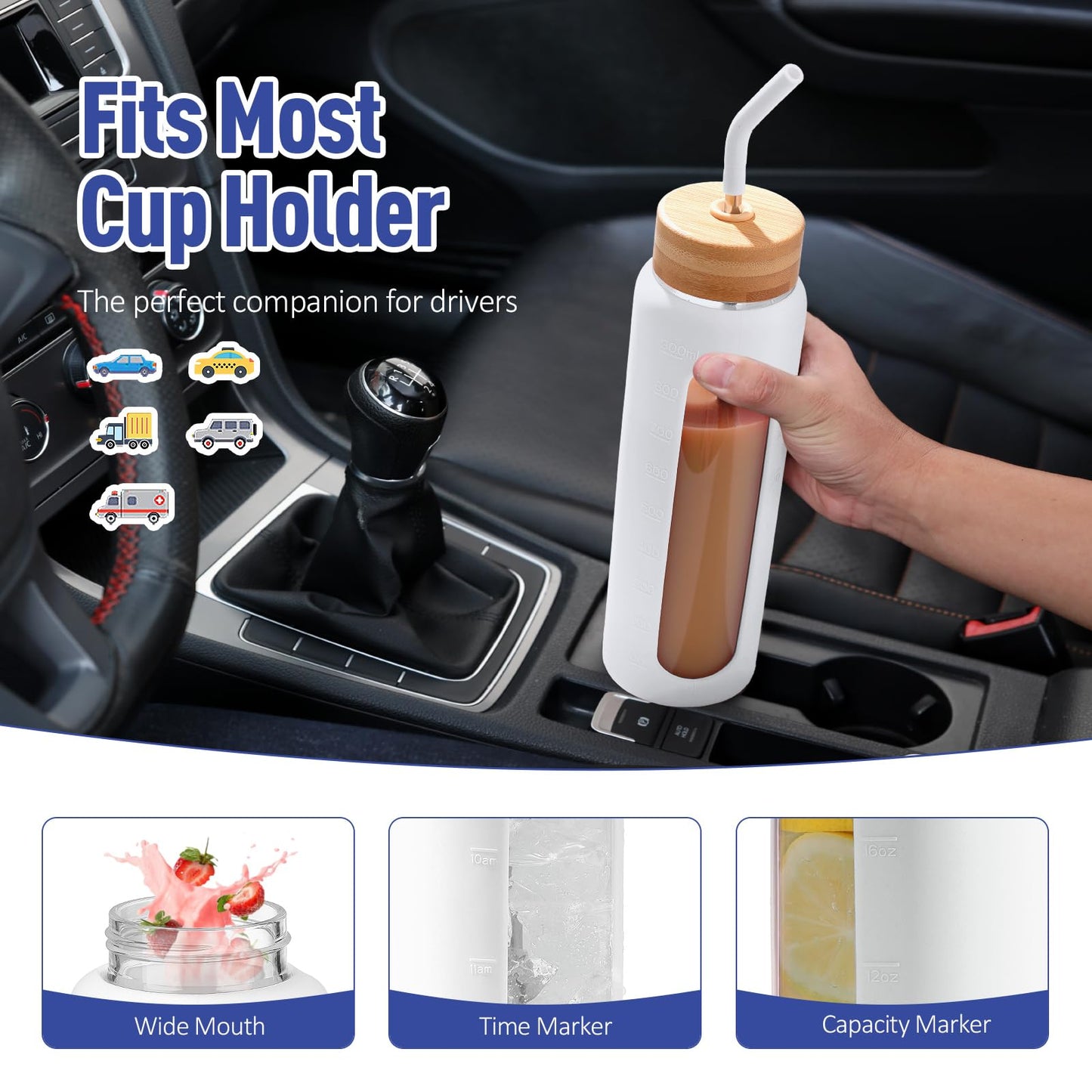 Kodrine 32oz Glass Water Bottle with Straw, Glass Drinking Bottle with 2 lids-Bamboo and Spout Lid, Leakproof Daily Water Intake Bottle with Time Marker for Home,Outdoor Sports, BPA free, White