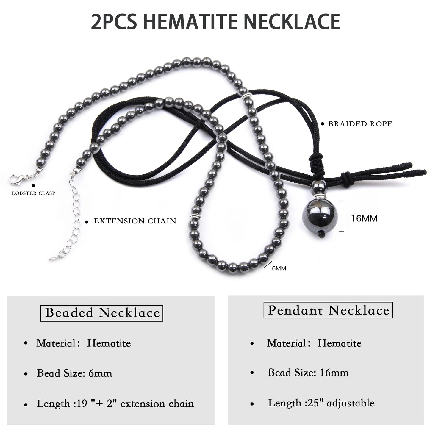 2Pcs Hematite Necklace - Beaded Necklace for Men - Protection Necklace Men Choker Necklaces Hematite Beads Pendant Jewelry Gifts for Men