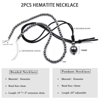 2Pcs Hematite Necklace - Beaded Necklace for Men - Protection Necklace Men Choker Necklaces Hematite Beads Pendant Jewelry Gifts for Men