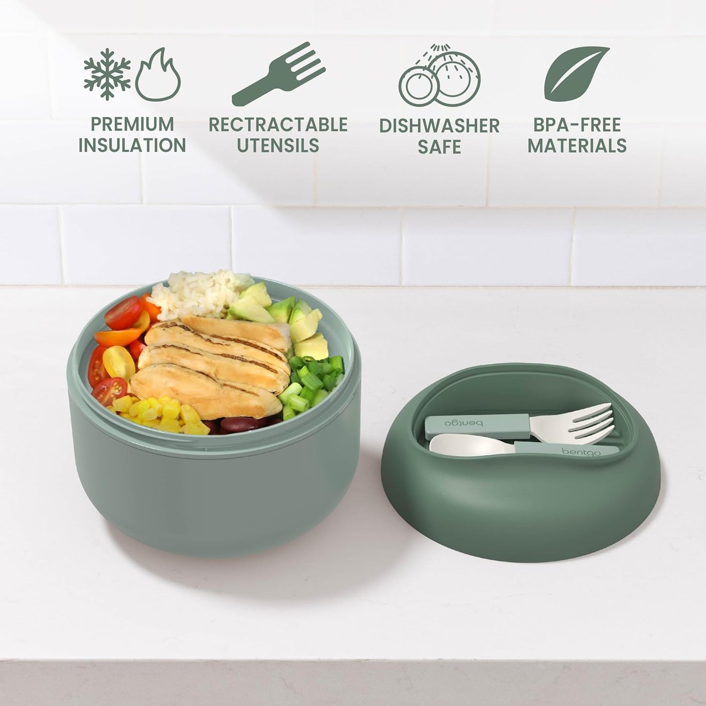 Bentgo Bowl - Insulated Leak-Resistant Bowl with Collapsible Utensils, Snack Compartment and Improved Easy-Grip Design for On-the-Go - Holds Soup, Rice, Cereal & More - BPA-Free, 21.2 oz (Khaki Green)