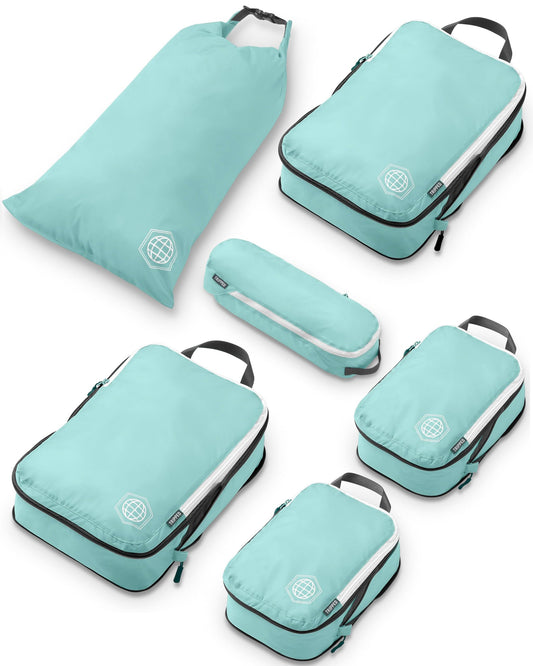 Compression Packing Cubes 6 Piece Set for Travel - Lightweight, Durable Clothes Organizer for Carry-On Luggage and Backpacks by TRIPPED Travel Gear (Dusty Teal and White)