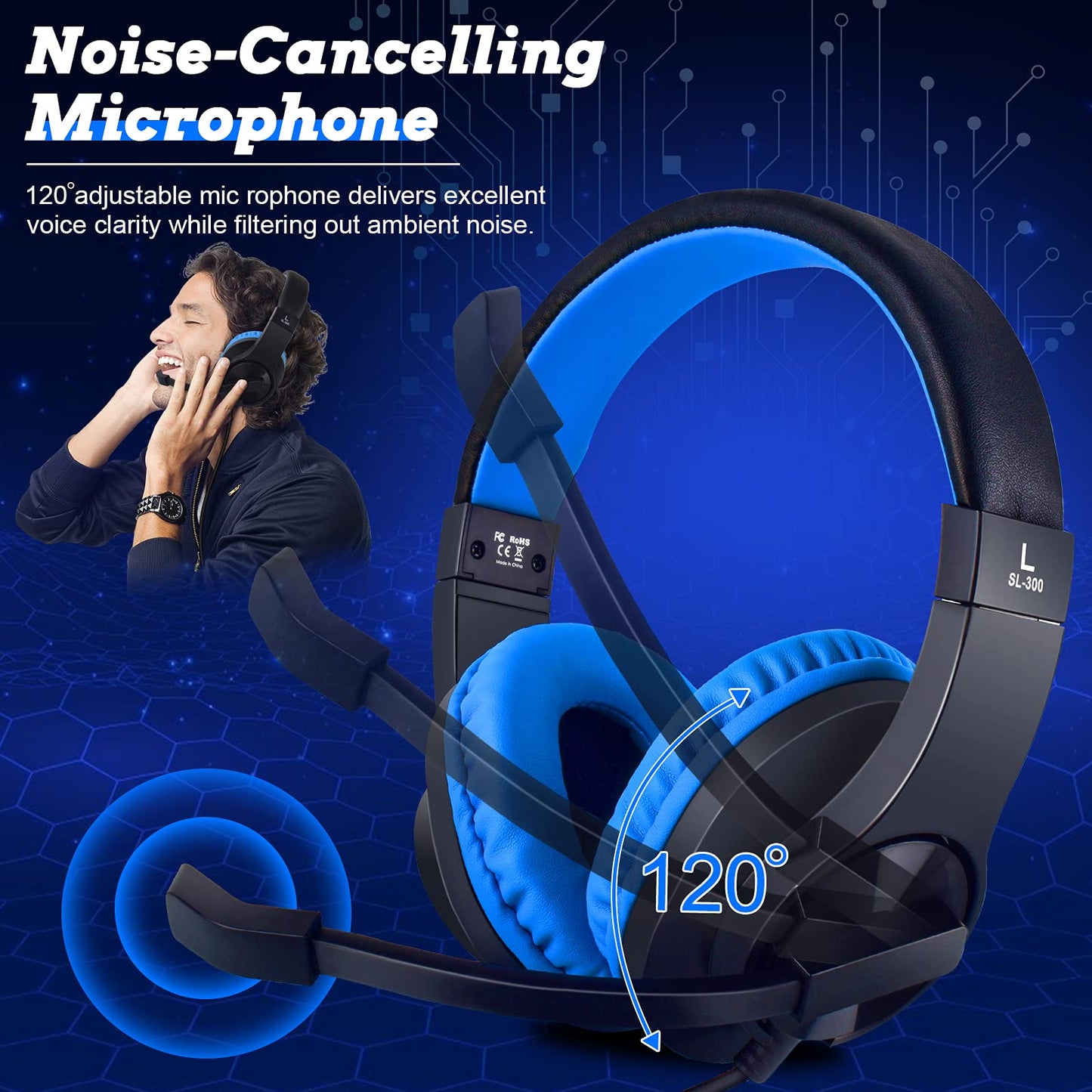 DIWUER Gaming Headset for Nintendo Switch, Xbox One, PS4, Bass Surround and Noise Cancelling 3.5mm Over Ear Headphones with Mic for Laptop PC Smartphones (Blue)