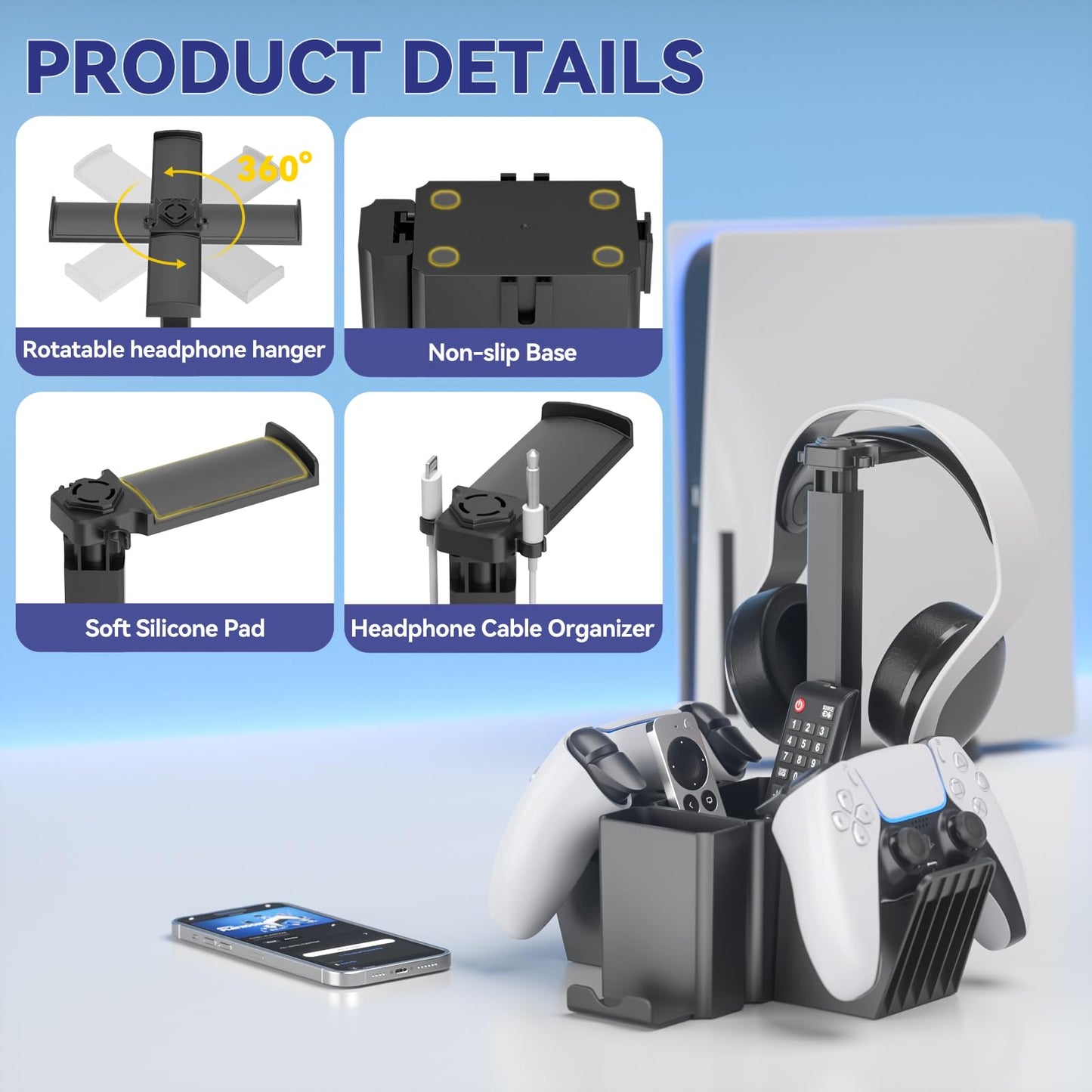 KDD Dual Controller Holder with Headphone Stand - Multi-Functional Desk Storage Box with Phone Holder - Universal Controller Stand with Desktop Organizer for Remote Control Pen Accessories