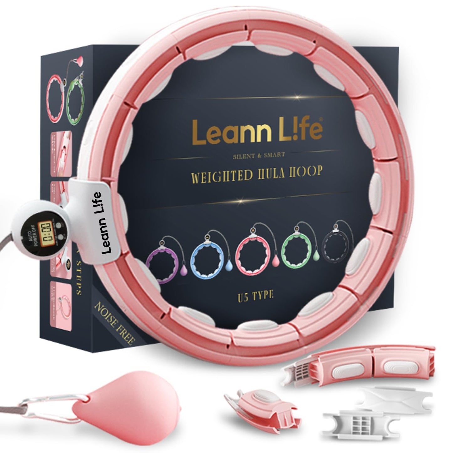 Leann L!fe U5-16 Knots with Counter, U5 Silent Smart Weighted Hula Hoop for Adults Weight Loss Infinity Hoop Plus Size, Home Outdoors Fitness Exercise, Abdominal Toner, (Pink-Waist 28"~46")