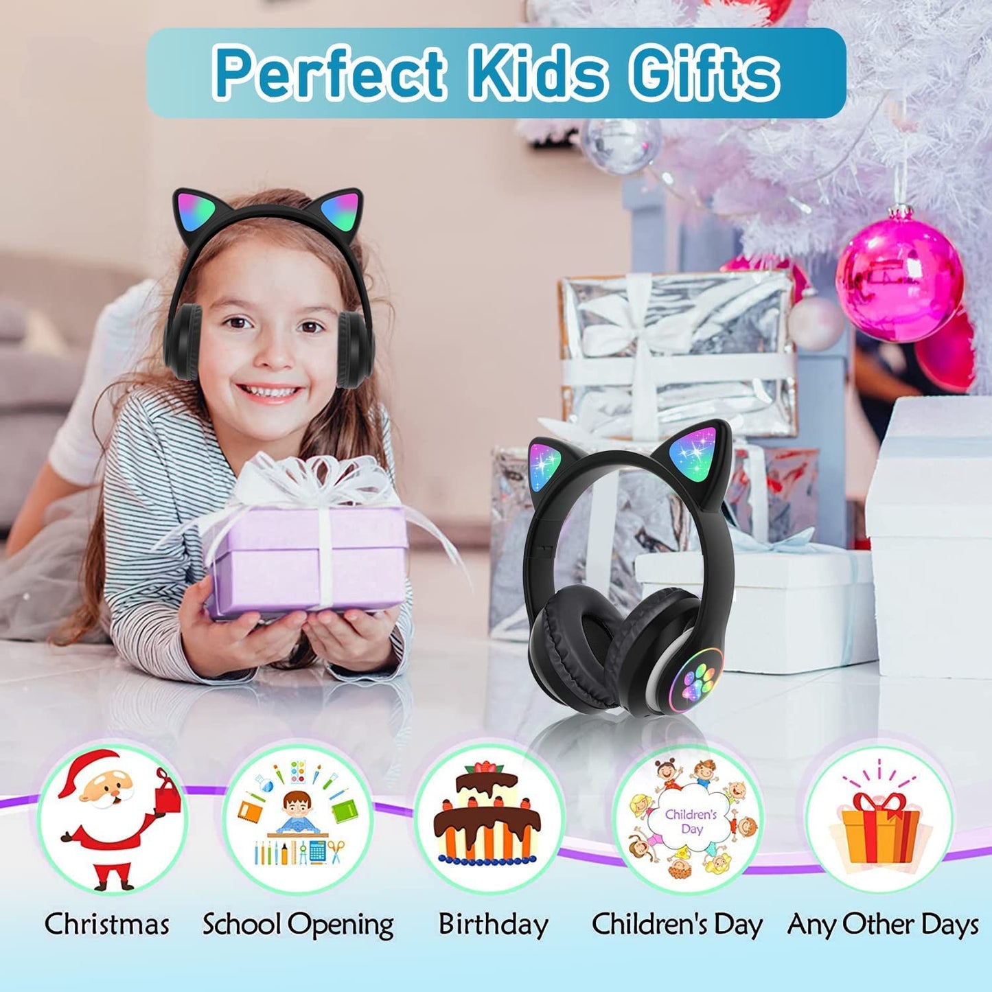 KERHAND Bluetooth Noise Cancelling Headphones for Kids,Foldable Cat Headphone with LED Light Up Ear,Cat Ear Headphones for Toddler with Microphone/TF Card,Kids Bluetooth Headphones for ipad
