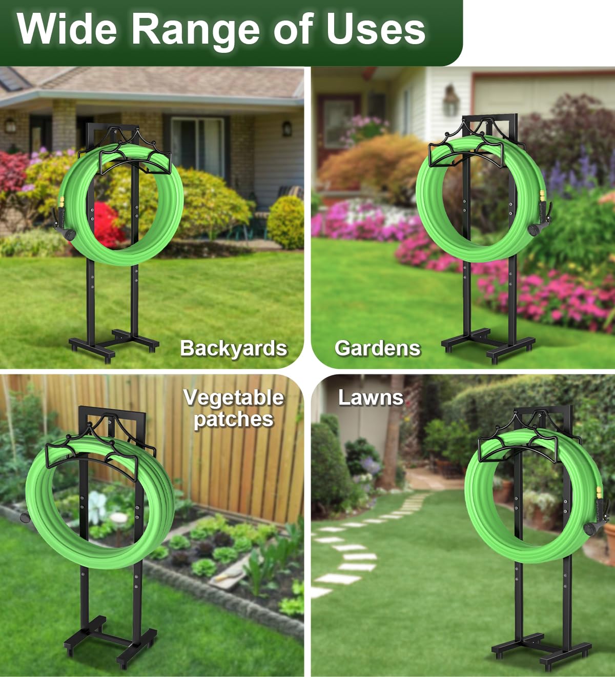 Garbuildman Garden Hose Holder With 4 Spikes, Freestanding Metal Hose Reel for Outside Garden, Detachable Water Hose Hanger Organizer for Yard Lawn, Shiny Black