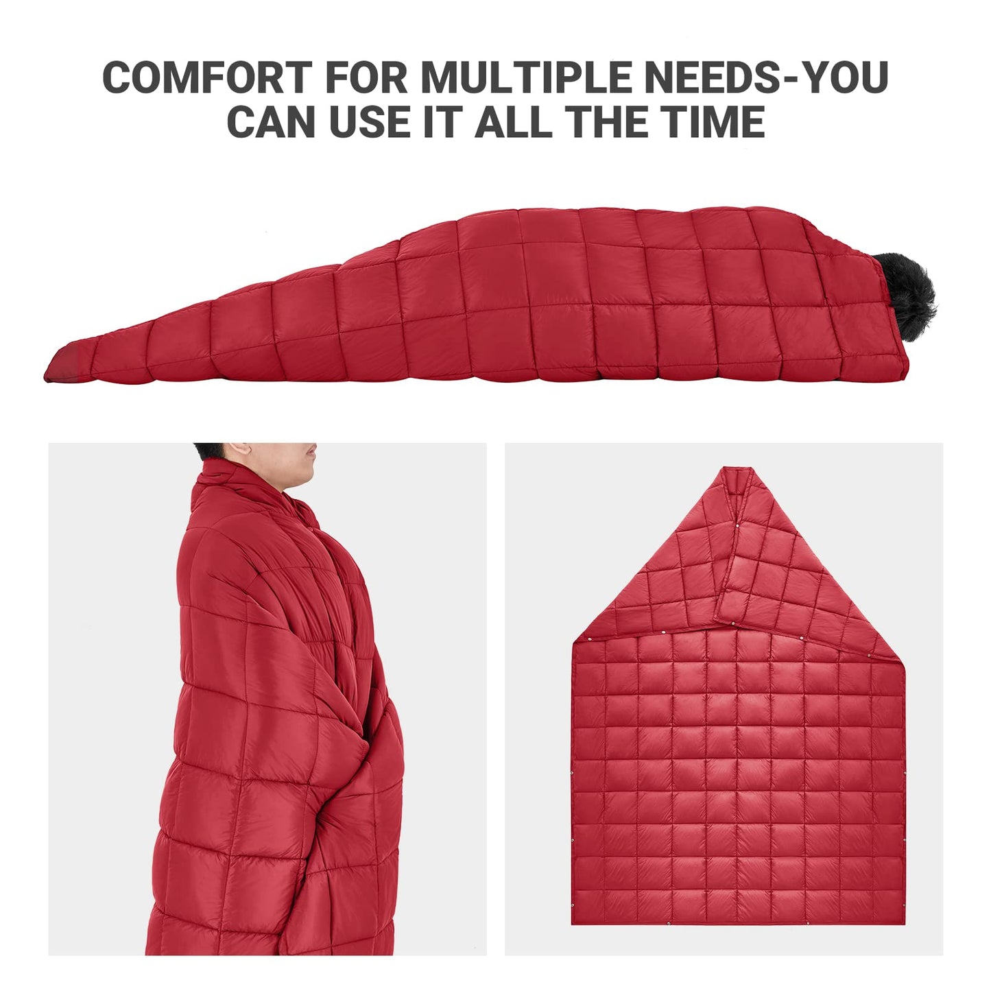 KingCamp Ultralight Camping Blanket, Packable Down Alternative Puffy Wearable Blankets Weatherproof Warm Package Quilt with Snap Buttons for Outdoor Hiking Travel Picnic Stadium (69"L x 53"W CRIMSON)
