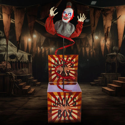 Haunted Hill Farm Life-Size Talking Clown Jack in The Box, Halloween Animatronic with Motion and Touch Activated Lights and Sounds, Battery Operated Indoor or Covered Outdoor Halloween Decorations