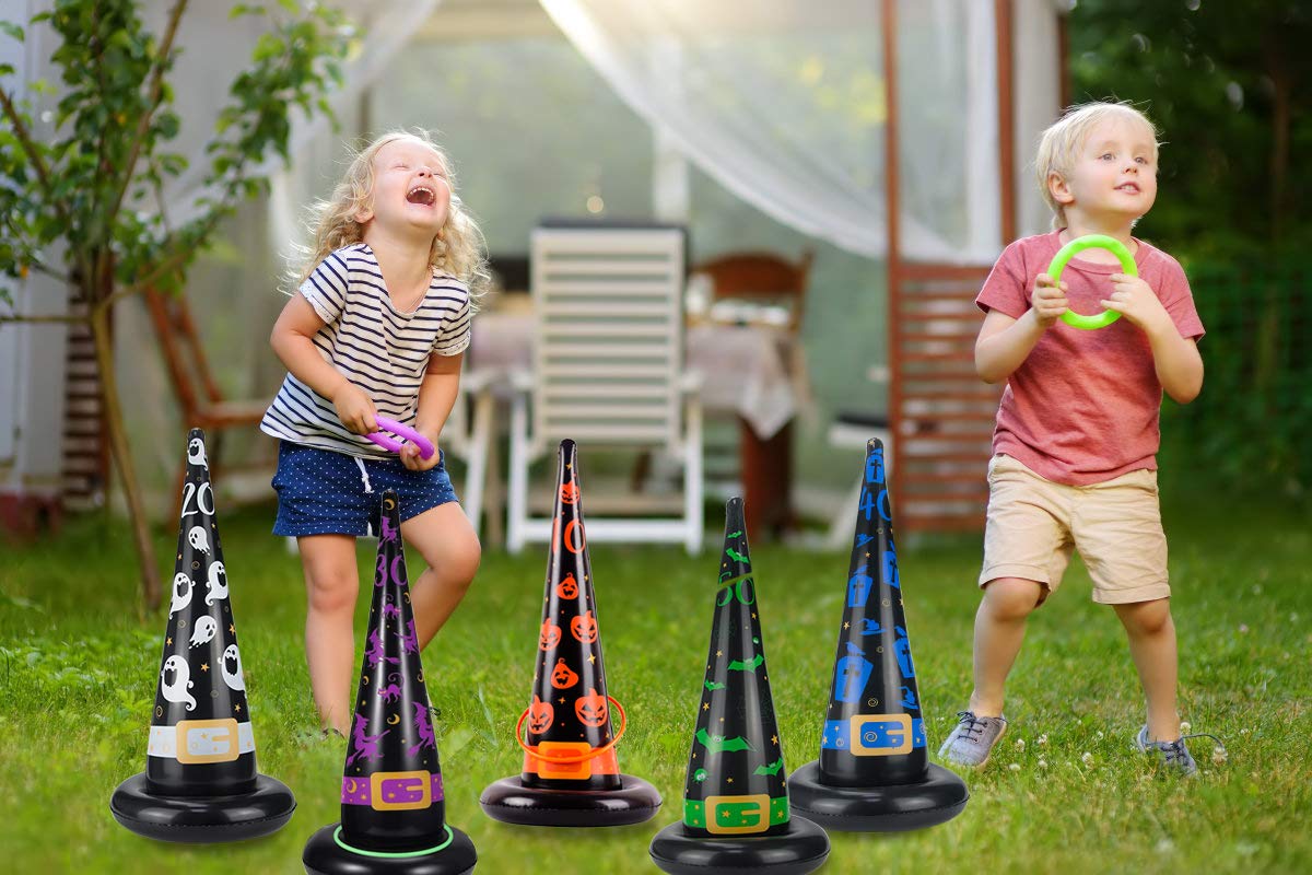 Halloween Party Toys Games, Inflatable Witch Hat Ring Toss Game with Points, Plastic Ring Toss, Air Pump Halloween Carnival Indoor Outdoor Game Garden Toys for Kids Adults Family Games Supplies