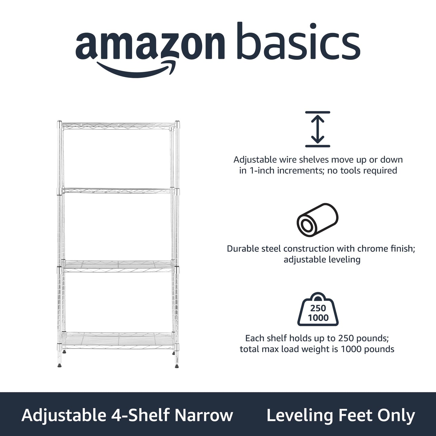 Amazon Basics 3-Shelf Adjustable Heavy Duty Steel Wire Rack Storage Shelving Organizer for Kitchen, Garage, 23.2" L x 13.4" W x 30" H, Black