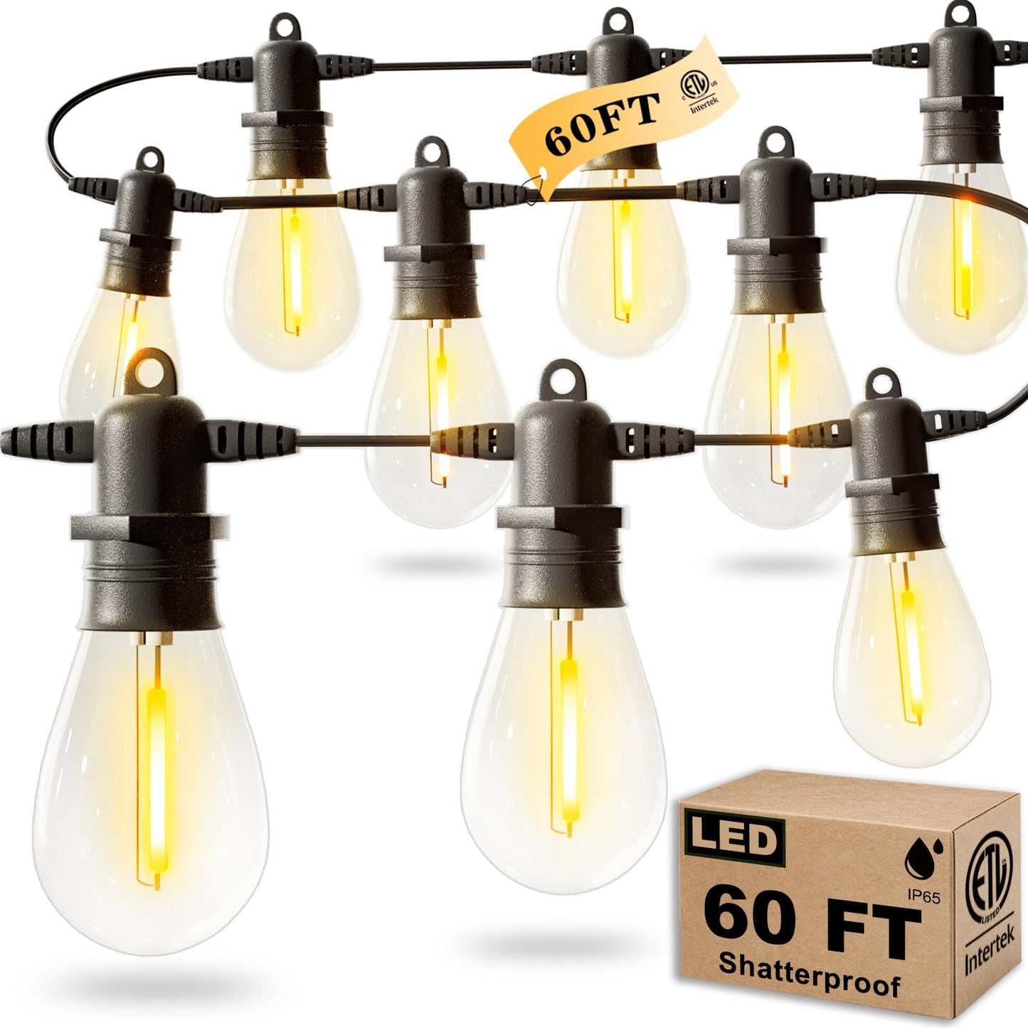 Jerritte 60FT LED Outdoor String Lights with 16+1 Edison Shatterproof IP65 Waterproof Bulbs, 2700K Dimmable Commercial Grade Patio Lights for Garden, Porch, Deck Decor