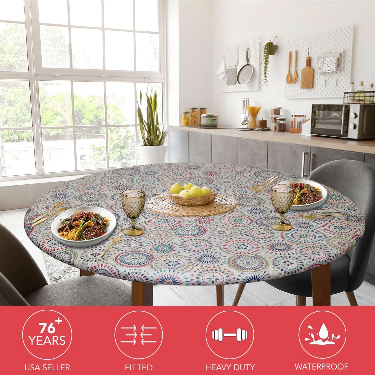 Covers For The Home Deluxe Elastic Edged Flannel Backed Vinyl Fitted Table Cover - Multi-Color Geometric Medallion Pattern - Large Round - Fits Tables up to 45" - 56" Diameter