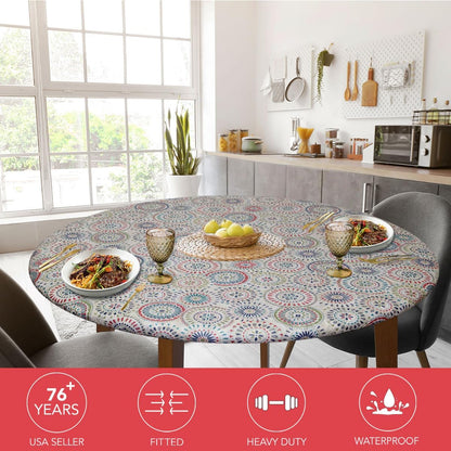 Covers For The Home Deluxe Elastic Edged Flannel Backed Vinyl Fitted Table Cover - Multi-Color Geometric Medallion Pattern - Large Round - Fits Tables up to 45" - 56" Diameter