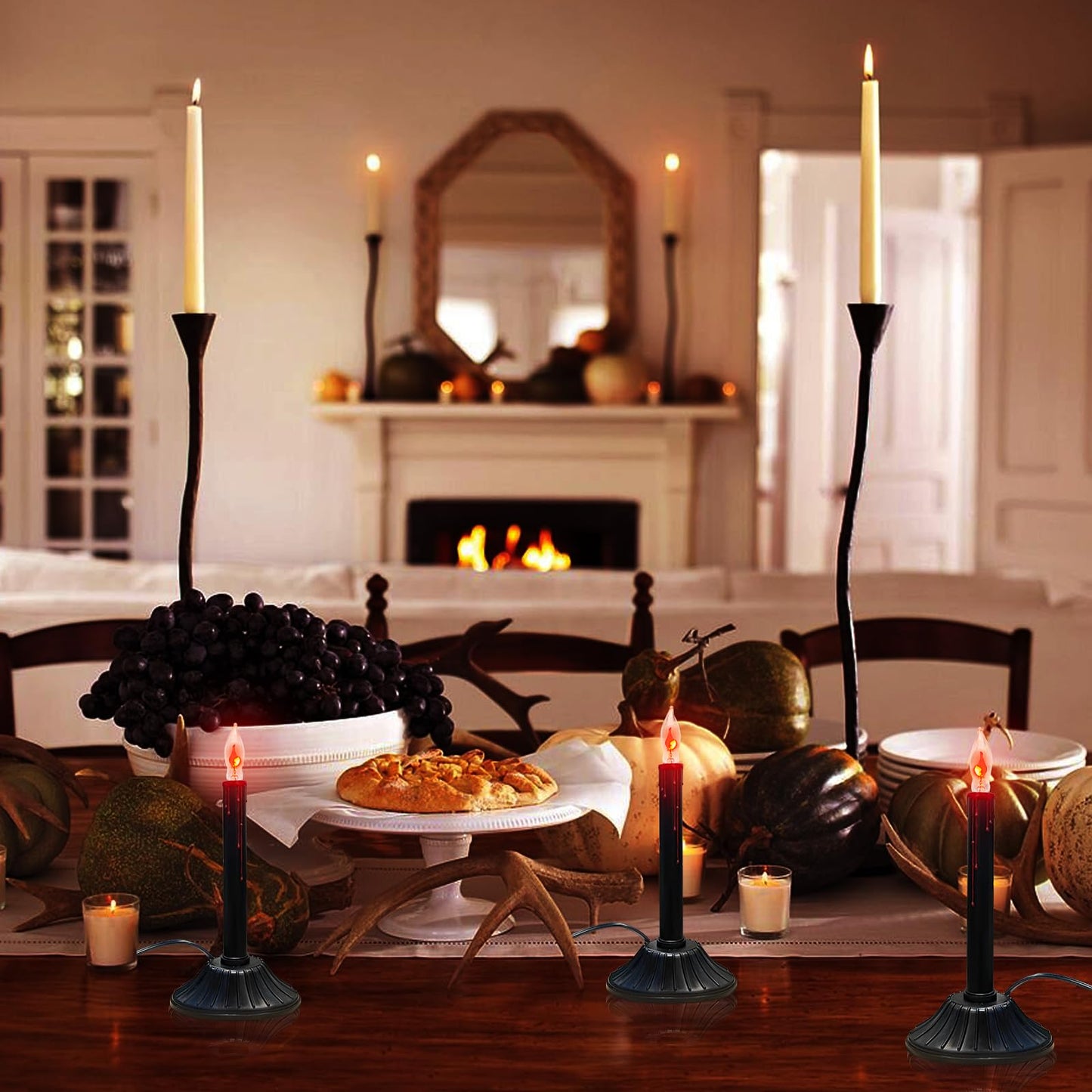 2 Pack Halloween Electric Window Candles, Black Halloween Decorations Candle Lights with 4 C18 Flicker Flame Bulbs, Plug in Electric Candles Flickering for Window Table Home Centerpiece Holiday